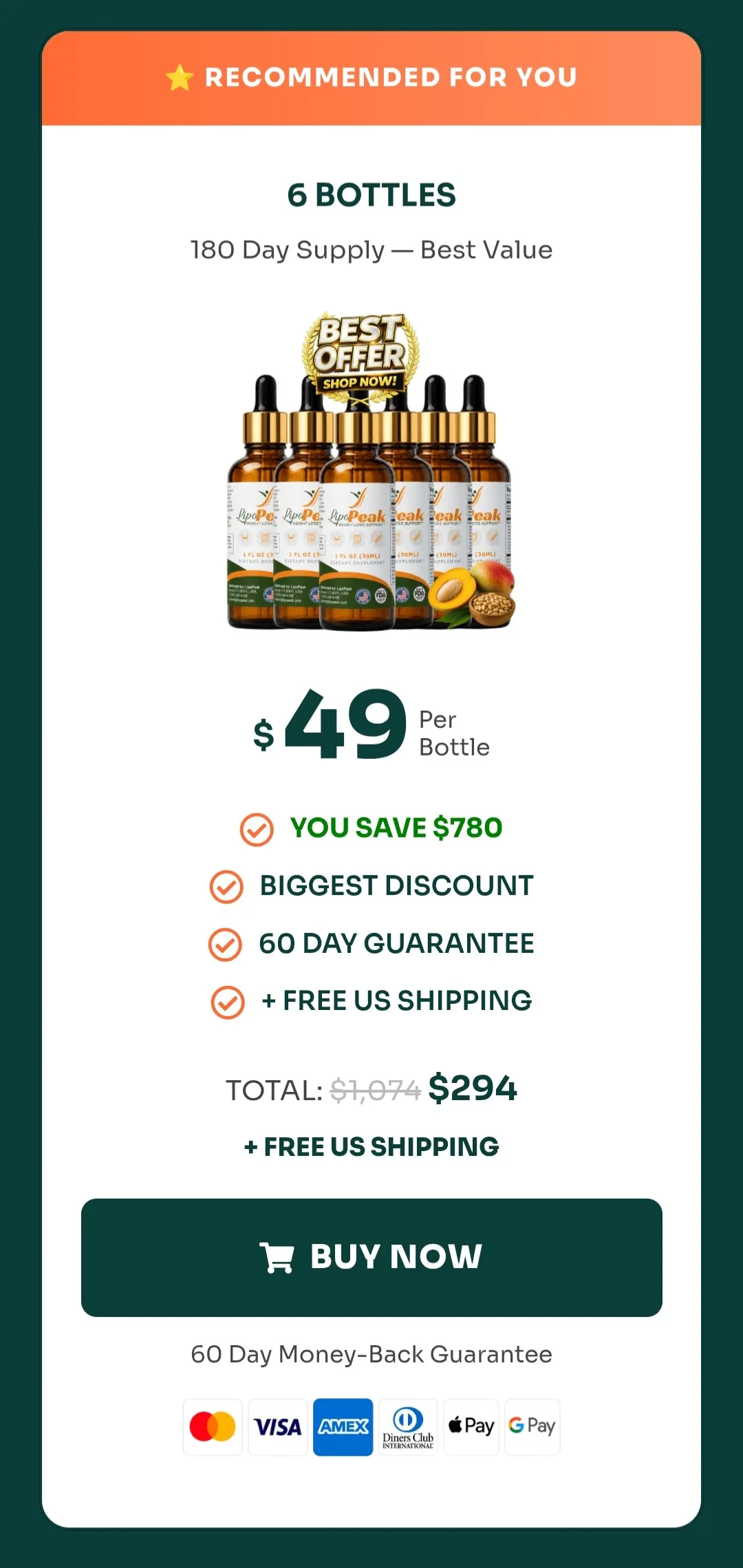 LipoPeak® 6 bottles pricing